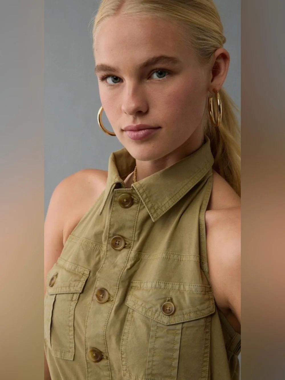 NWT American Eagle ($84.95) Collared Halter Jumpsuit in Olive XL - Picture 6 of 11